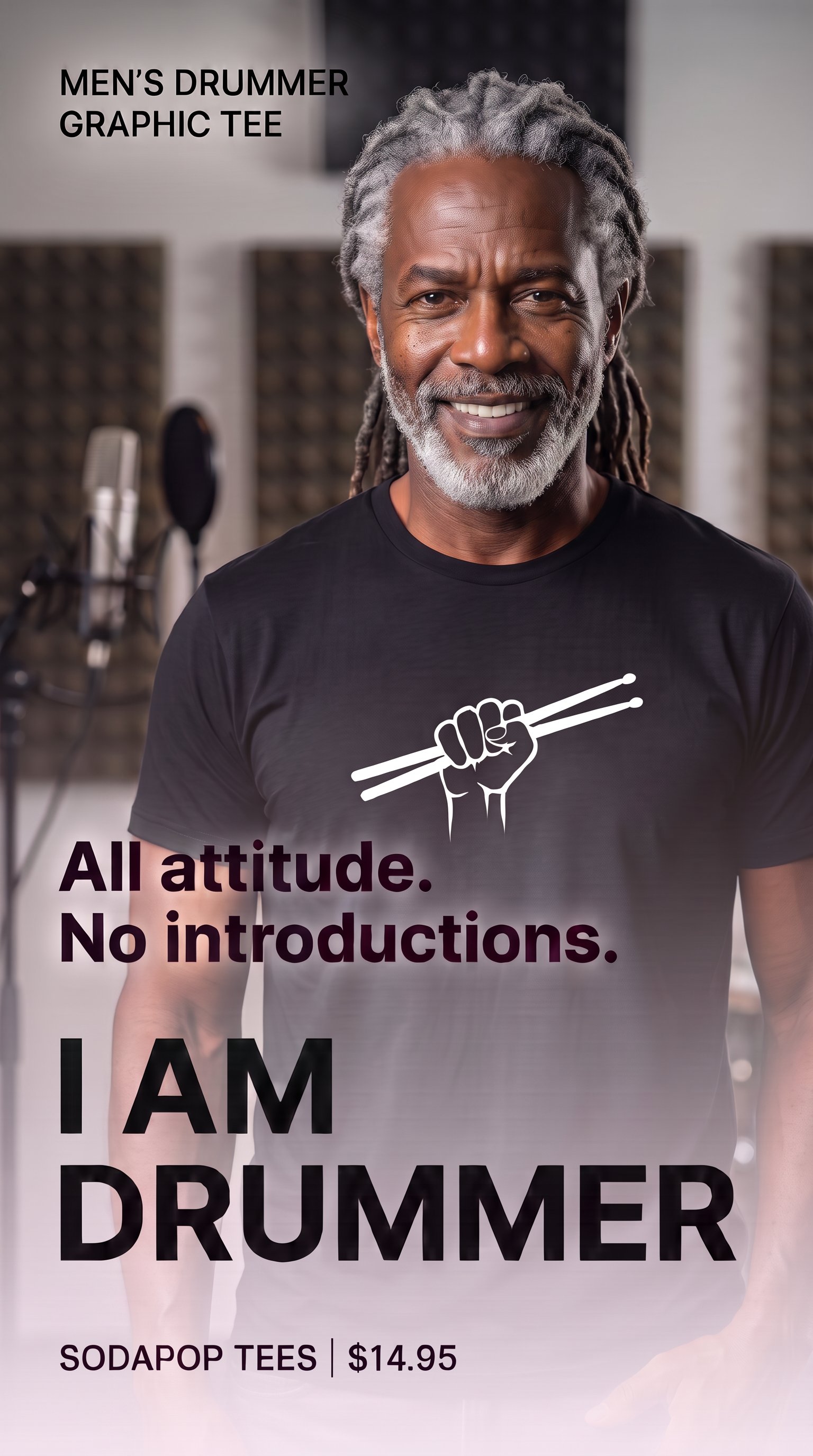 Man wearing a black I Am Drummer graphic tee