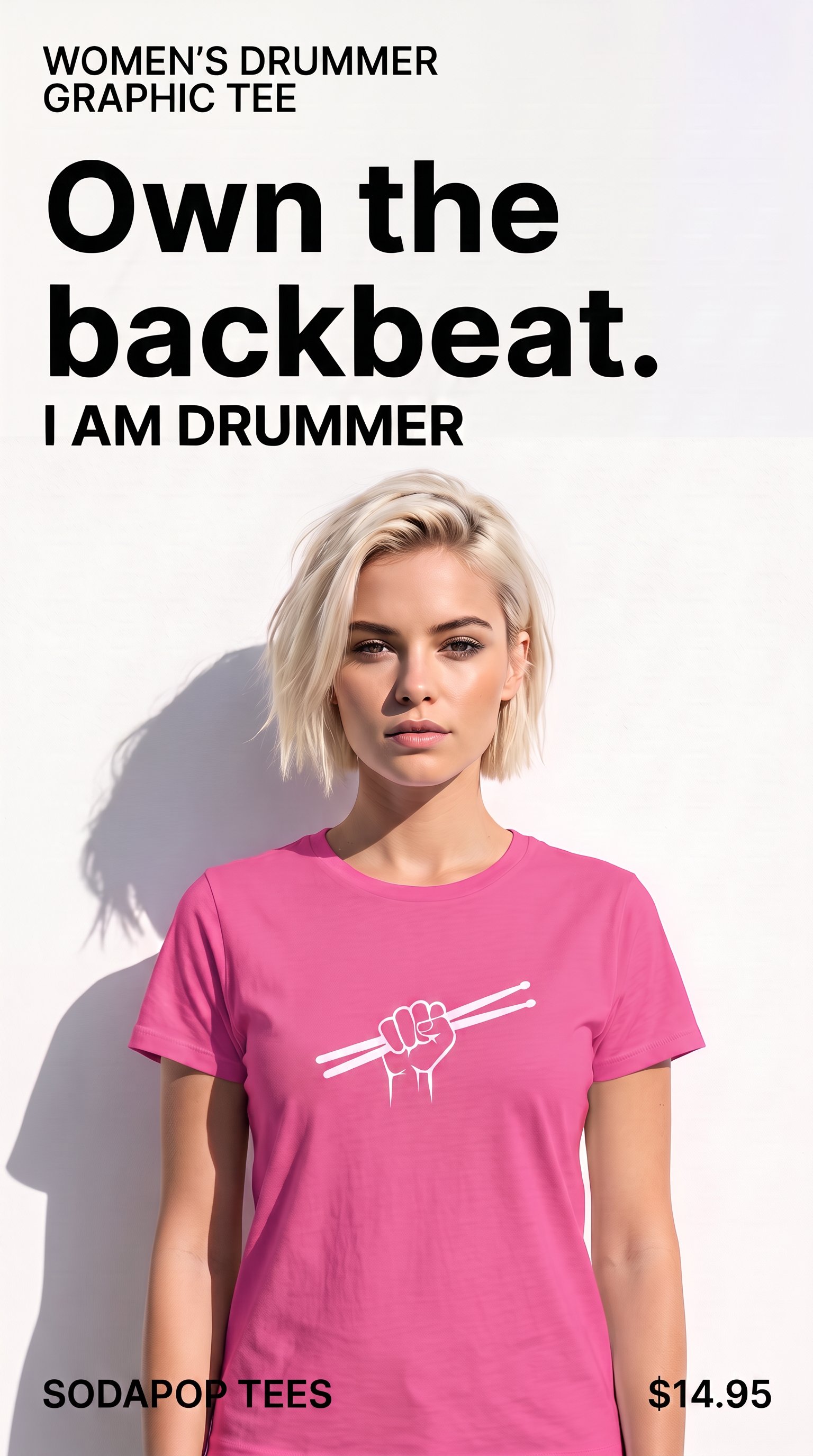 Woman wearing a pink I Am Drummer graphic tee