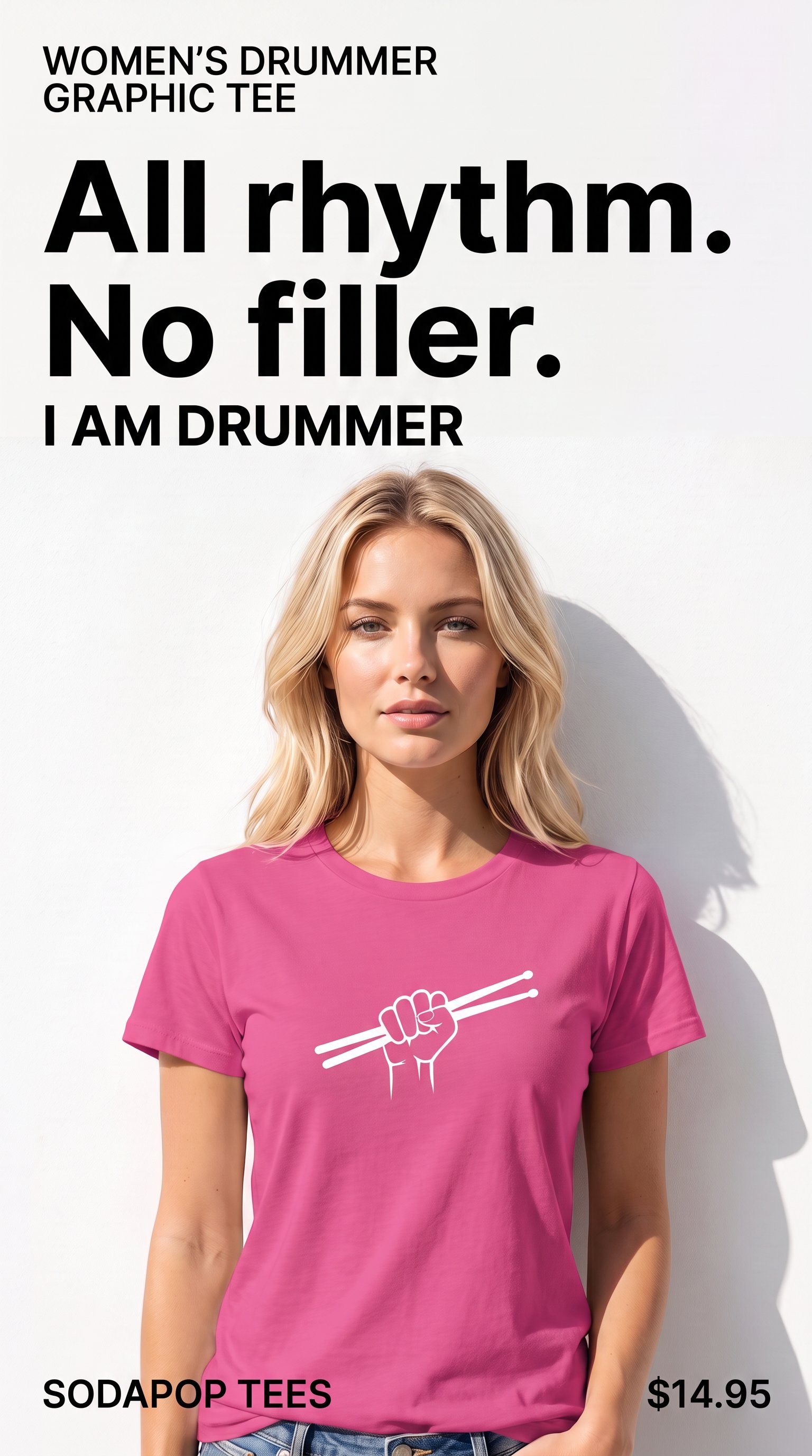 Woman wearing a pink I Am Drummer graphic tee