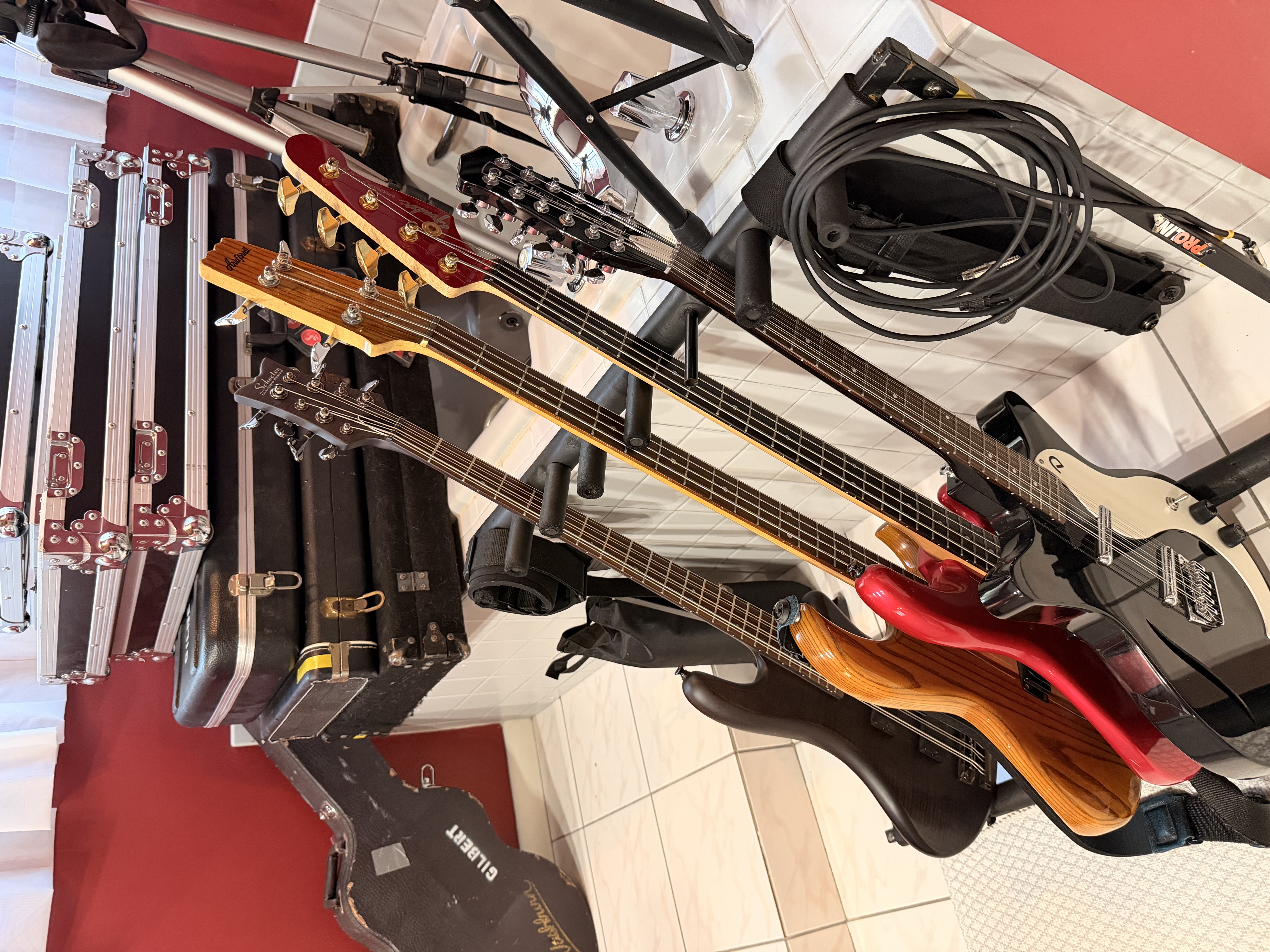 Guitars and basses ready for a SodaPop House recording session