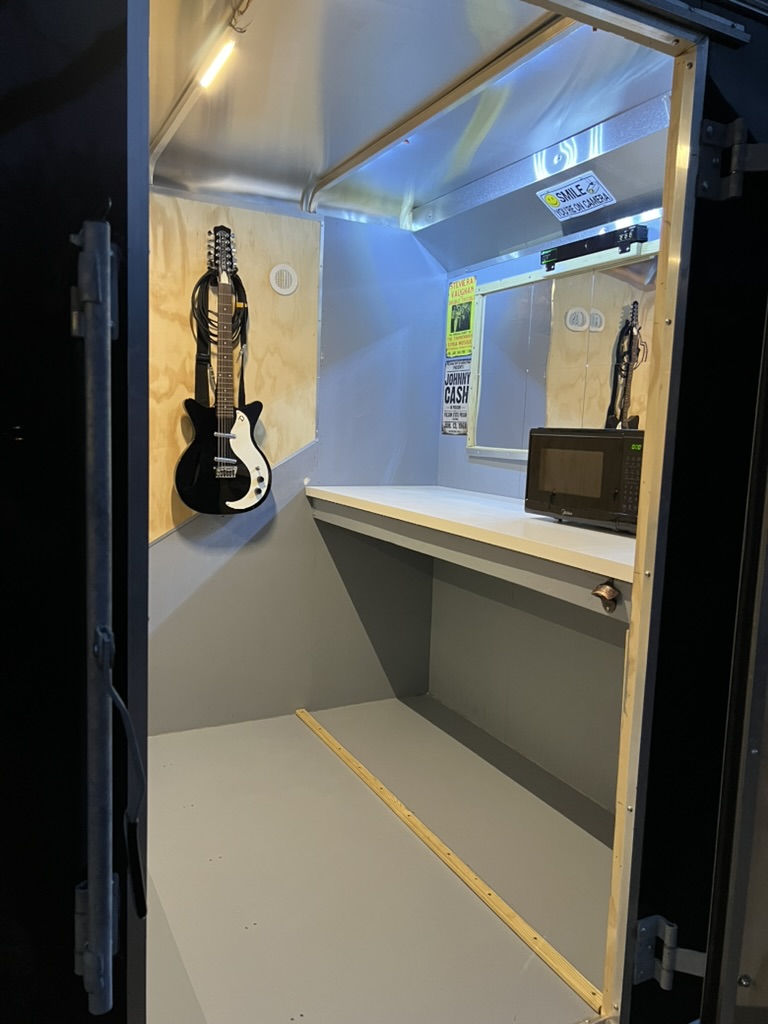 Private dressing space inside the unloaded SodaPop production trailer